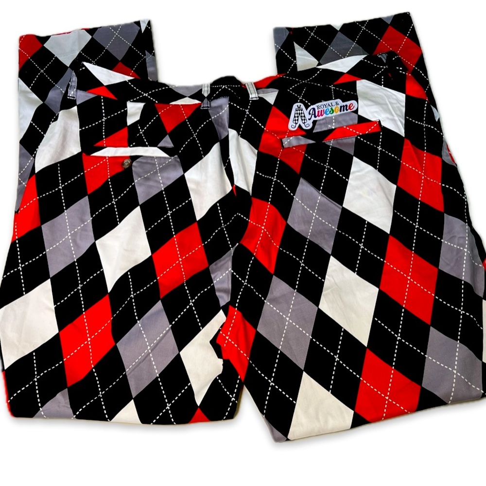 Royal & Awesome Golf Pants Trousers Size 40/30 Red and Black Argyle